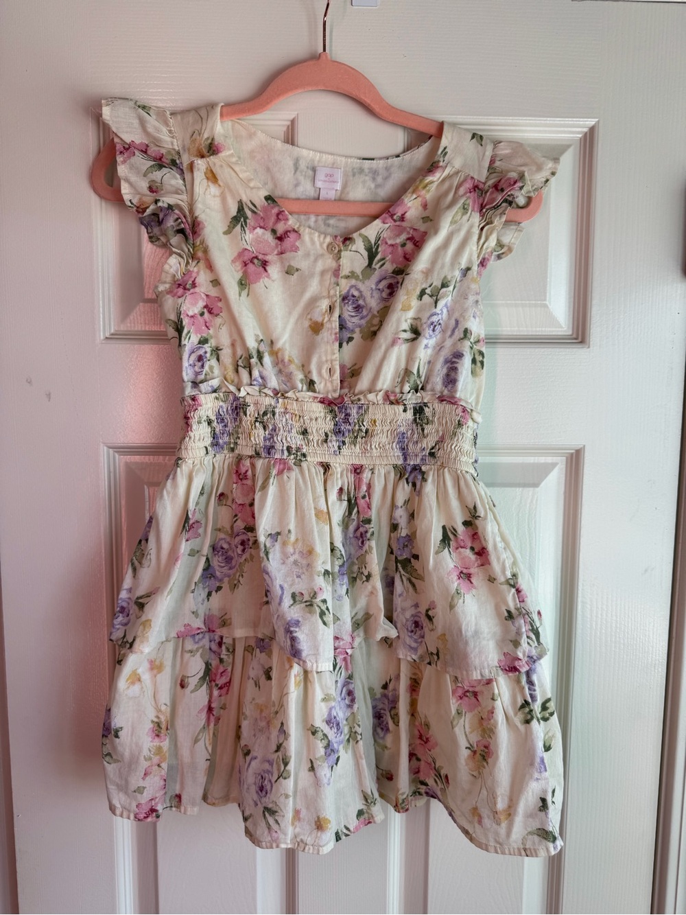 GAP Love Shack Fancy Cream Floral Tiered Dress with Pink & Lavender Blooms